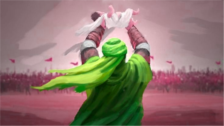 Imam Hussain (a.) raising Ali Asghar with both hands in the plains of Karbala.